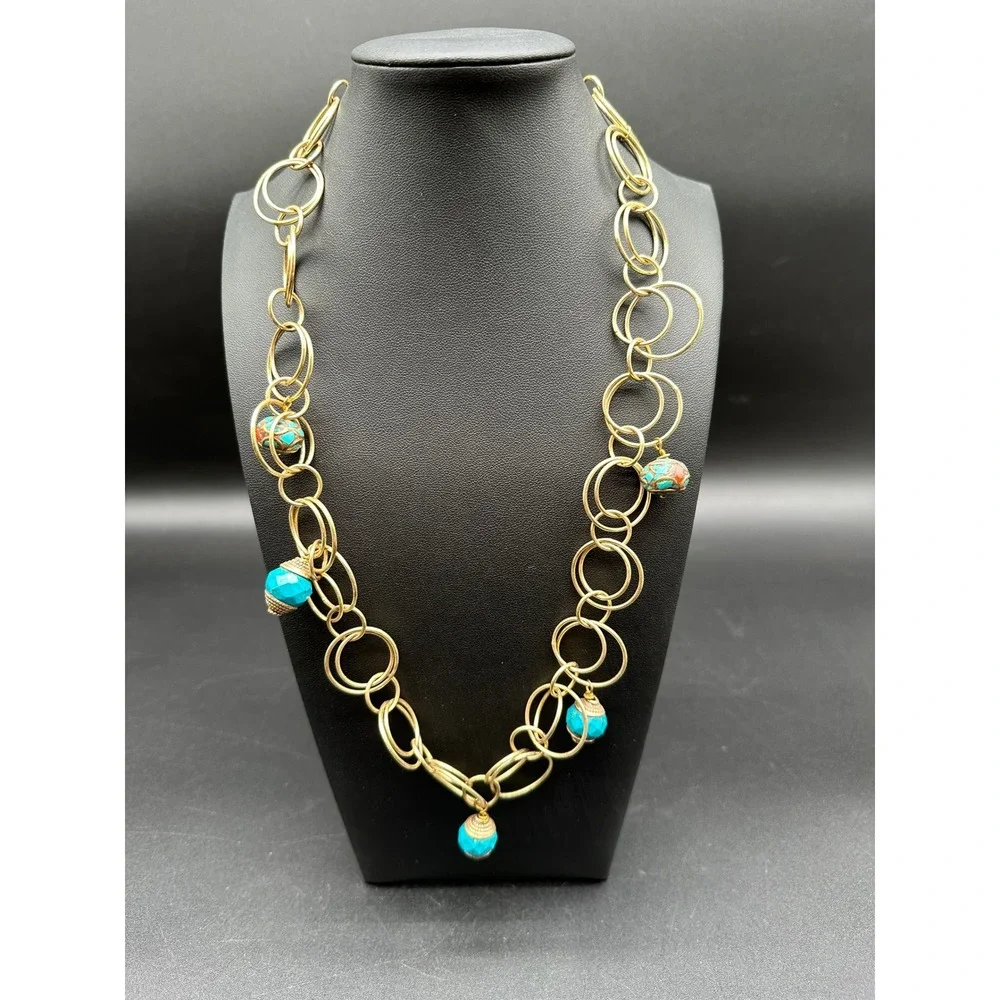Gold Tone Chunky Link Necklace with Turquoise and Cloisonne‎ Beads Statement